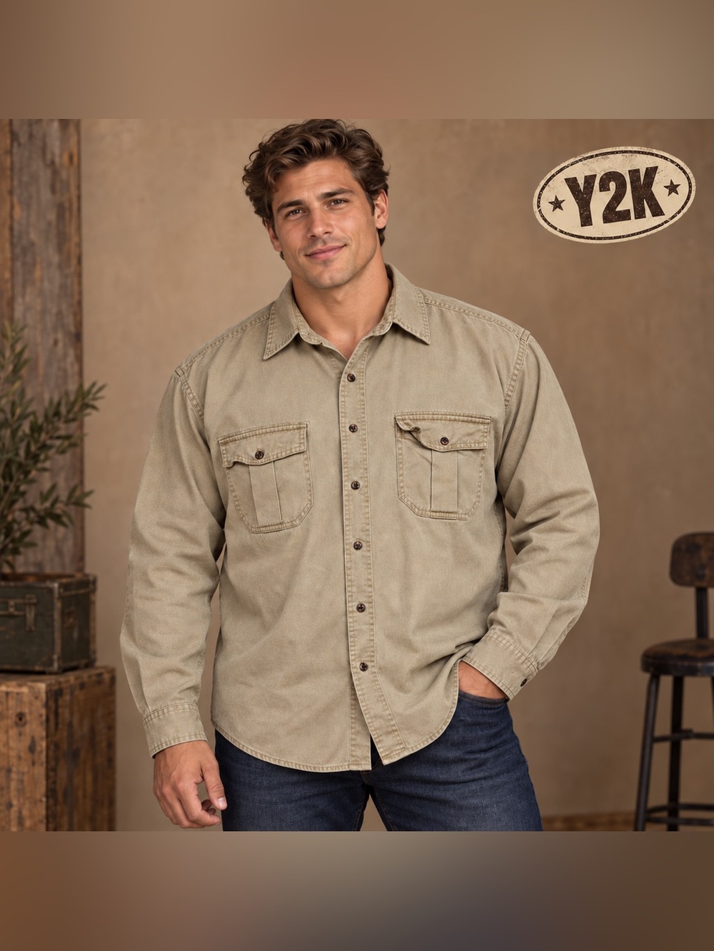 Y2K Covington Mens XL Khaki Cotton Utility Workwear Button-up